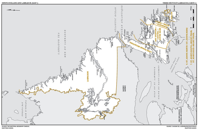 Carte 1 : Carte des limites et noms proposée pour les circonscriptons électorales d'Avalon, de Bay d'Espoir-Central-Notre Dame, de Bonavista-Burin-Trinity, de Labrador et de Long Range Mountains