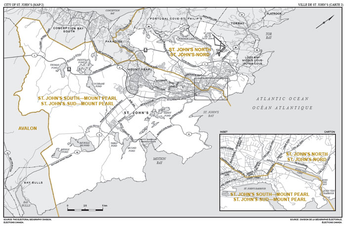 Carte 2 : Carte des limites et noms proposés pour les circonscriptions électorals de St. John's-Nord et de St. John's-Sud-Mount Pearl