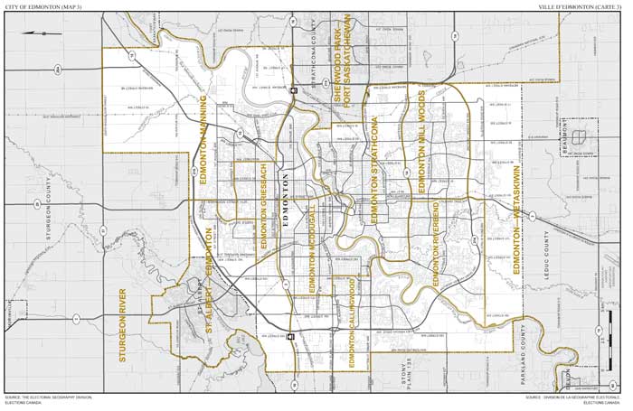 Carte 3 : Carte des limites et noms proposés pour les circonscriptions électorales de la ville d’Edmonton (Edmonton Callingwood, Edmonton Griesbach, Edmonton Manning, Edmonton McDougall, Edmonton Mill Woods, Edmonton Riverbend, Edmonton Strathcona, St. Albert—Edmonton).