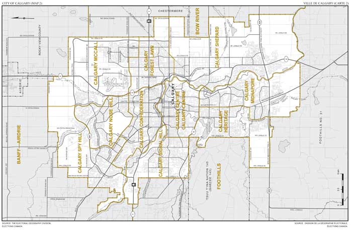 Carte 2 : Carte des limites et noms proposés pour les circonscriptions électorales de la ville de Calgary (Calgary-Centre, Calgary Confederation, Calgary Forest Lawn, Calgary Heritage, Calgary McCall, Calgary Midnapore, Calgary Nose Hill, Calgary Shepard, Calgary Signal Hill, Calgary Spy Hill).