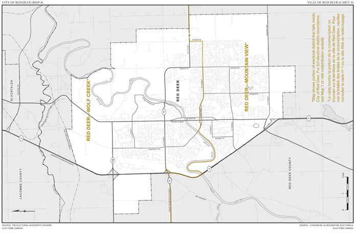 Carte 4 : Carte des limites et noms proposés pour les circonscriptions électorales de la ville de Red Deer (Red Deer—Mountain View, Red Deer—Wolf Creek).
