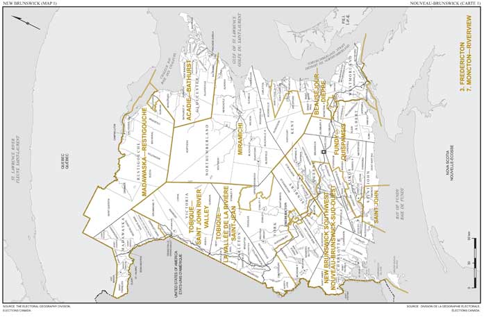 Map 1: Map of proposed boundaries and names for the electoral districts of New Brunswick (Acadie—Bathurst, Fredericton, Fundy—Quispamsis, Madawaska—Restigouche, Miramichi, New Brunswick Southwest, Saint John, Tobique—Saint John River Valley).