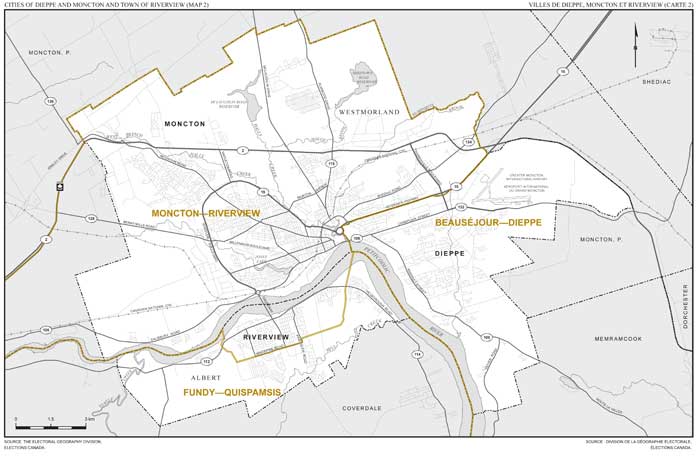Carte 2 : Carte des limites et noms proposés pour les circonscription électorales des villes de Dieppe, Moncton et Riverview (Beauséjour—Dieppe, Moncton—Riverview).