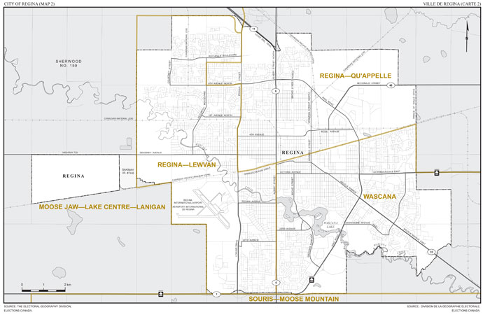 Carte 2 : Carte des limites et noms proposés pour les circonscriptions électorales de la ville de Regina