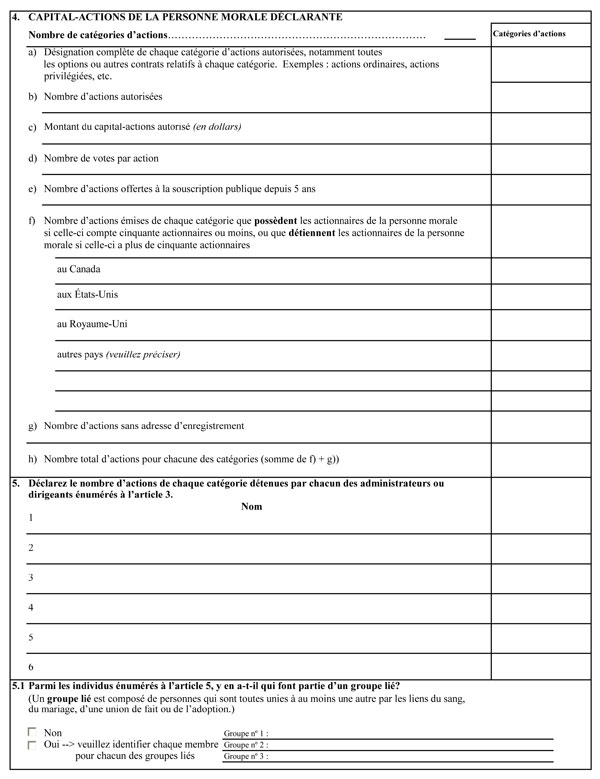 Annexe 1, Formulaire de déclaration annuelle des personnes morales, qui vise à recueillir des renseignements détaillés sur la propriété et le contrôle étrangers dans l’économie canadienne