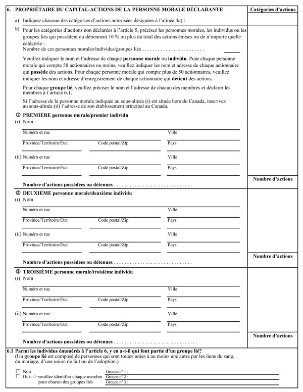 Annexe 1, Formulaire de déclaration annuelle des personnes morales, qui vise à recueillir des renseignements détaillés sur la propriété et le contrôle étrangers dans l’économie canadienne