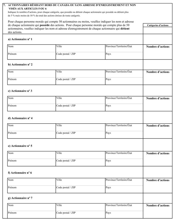 Annexe 1, Formulaire de déclaration annuelle des personnes morales, qui vise à recueillir des renseignements détaillés sur la propriété et le contrôle étrangers dans l’économie canadienne
