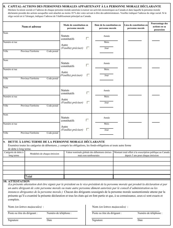 Annexe 1, Formulaire de déclaration annuelle des personnes morales, qui vise à recueillir des renseignements détaillés sur la propriété et le contrôle étrangers dans l’économie canadienne