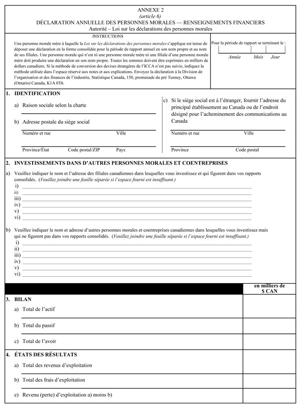 Annexe 2, Déclaration annuelle des personnes morales – renseignements financiers
