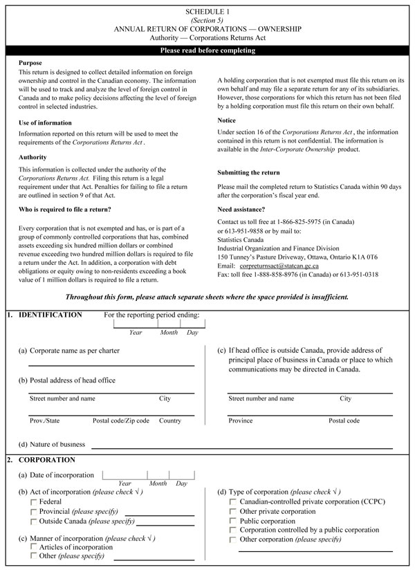 Schedule 1, annual return of corporations form designed to collect detailed information on foreign ownership and control in the Canadian economy