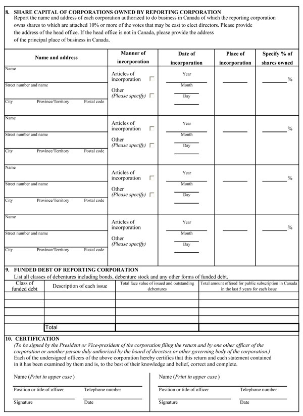 Schedule 1, annual return of corporations form designed to collect detailed information on foreign ownership and control in the Canadian economy