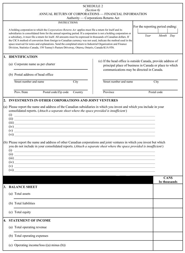 Schedule 2, Annual return of corporations – financial information