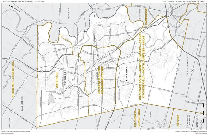 Carte 13: Carte des limites et noms proposés pour les circonscriptions électorales de l’Ontario