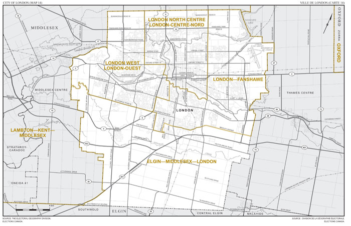 Carte 14: Carte des limites et noms proposés pour les circonscriptions électorales de l’Ontario