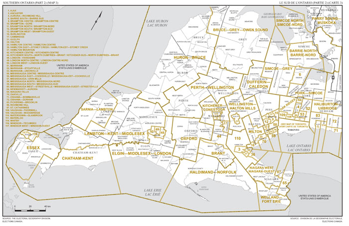Map 3: Map of proposed boundaries and names for the electoral districts of Ontario