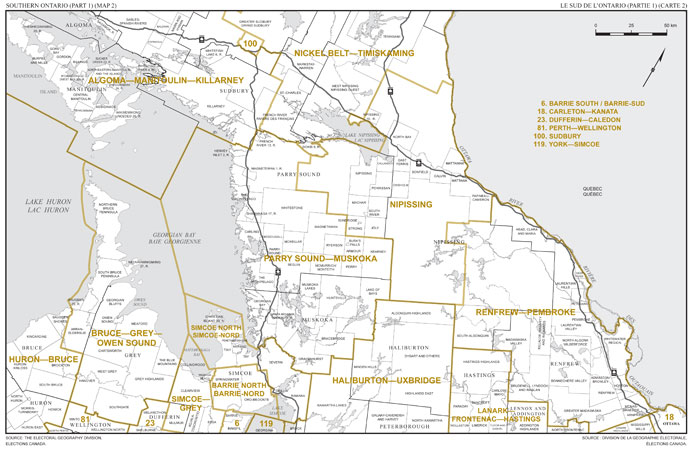 Carte 2: Carte des limites et noms proposés pour les circonscriptions électorales de l’Ontario