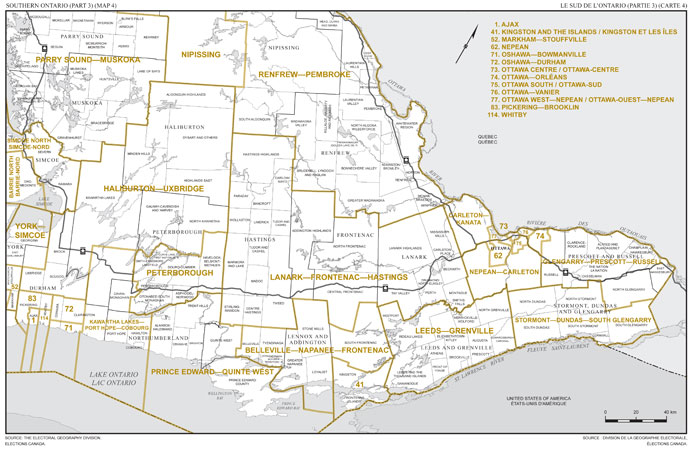 Carte 4: Carte des limites et noms proposés pour les circonscriptions électorales de l’Ontario