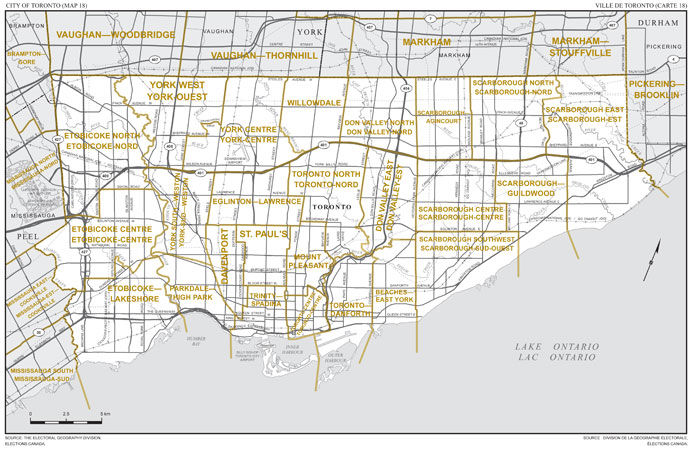 Carte 18: Carte des limites et noms proposés pour les circonscriptions électorales de l’Ontario