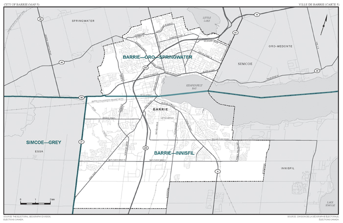 Map 5: Map of proposed boundaries and names for the electoral districts of Ontario, Barrie