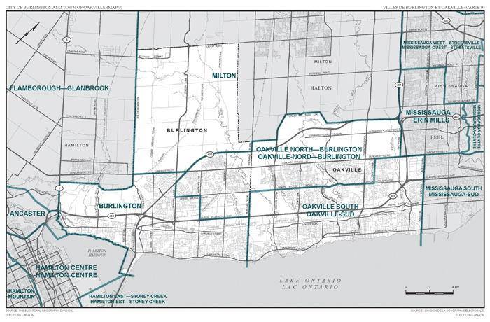 Map 9: Map of proposed boundaries and names for the electoral districts of Ontario, Burlington