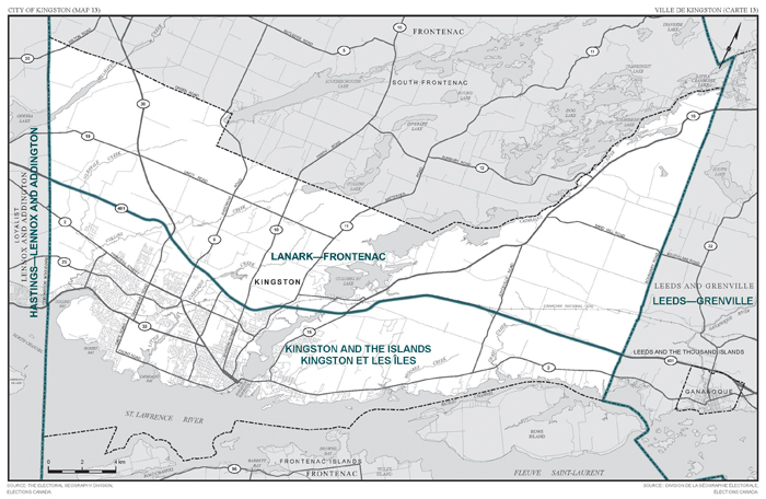 Map 13: Map of proposed boundaries and names for the electoral districts of Ontario, Kingston