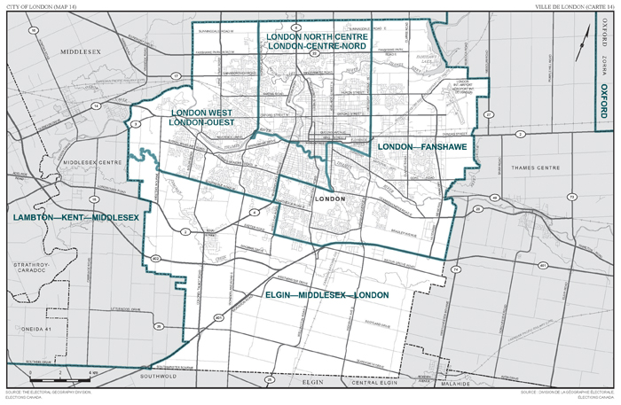 Map 14: Map of proposed boundaries and names for the electoral districts of Ontario, London