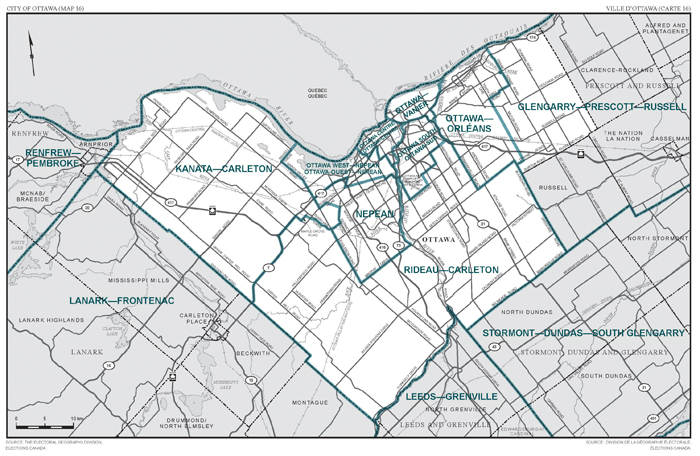 Map 16: Map of proposed boundaries and names for the electoral districts of Ontario, Ottawa