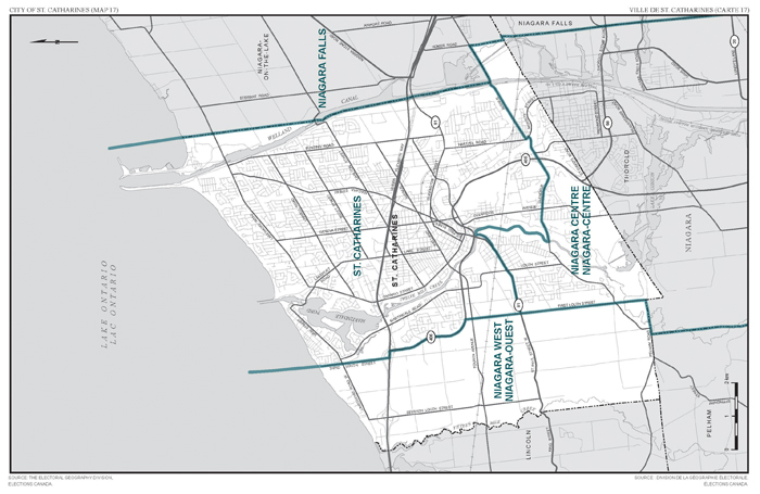 Map 17: Map of proposed boundaries and names for the electoral districts of Ontario, Catharines