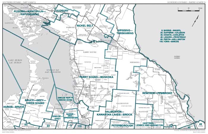 Map 2: Map of proposed boundaries and names for the electoral districts of Southern Ontario, Part 1