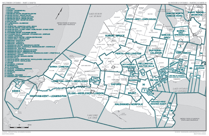 Map 3: Map of proposed boundaries and names for the electoral districts of Southern Ontario, Part 2