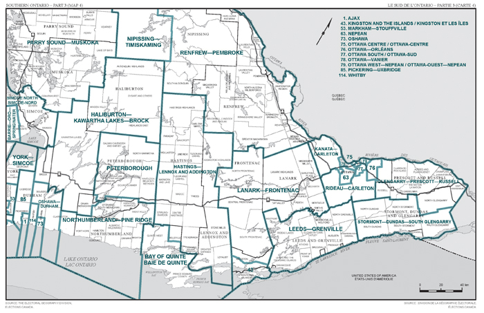 Map 4: Map of proposed boundaries and names for the electoral districts of Southern Ontario, Part 3