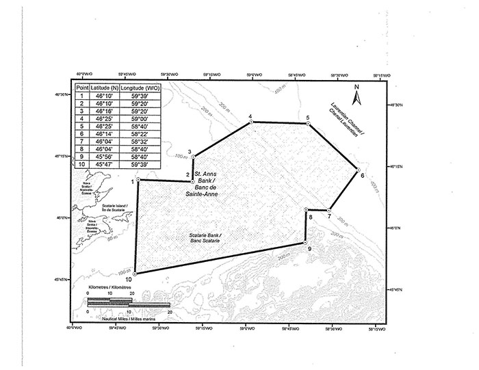 This Schedule is a map depicting the location of the St. Anns Bank Marine Protected Area. The Schedule also includes a table setting out the geographical coordinates of the points establishing the Marine Protected Area's boundaries, as described in subsection 2(1) of the Regulations.