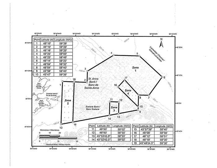 This Schedule is a map depicting the location of the four management zones comprising the St. Anns Bank Marine Protected Area. The Schedule also includes a table setting out the geographical coordinates of the points establishing the zones' boundaries, as described in section 3 of the Regulations.