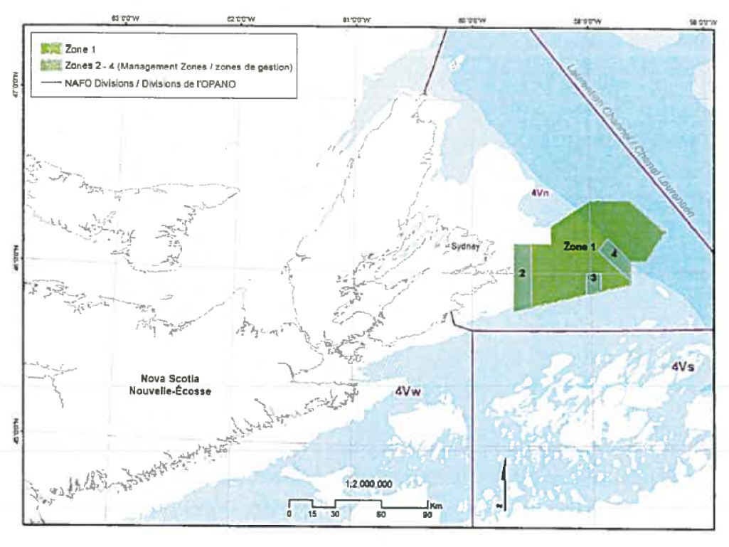 Map showing an illustration of the proposed St. Anns Bank Marine Protected Area, its boundaries and its management zones