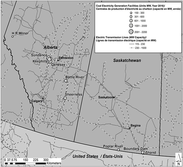 Figure 1 : Installations de production d'électricité alimentées au charbon en Alberta et en Saskatchewan