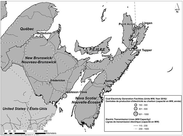 Figure 2 : Installations de production d'électricité alimentées au charbon au Nouveau-Brunswick et en Nouvelle-Écosse