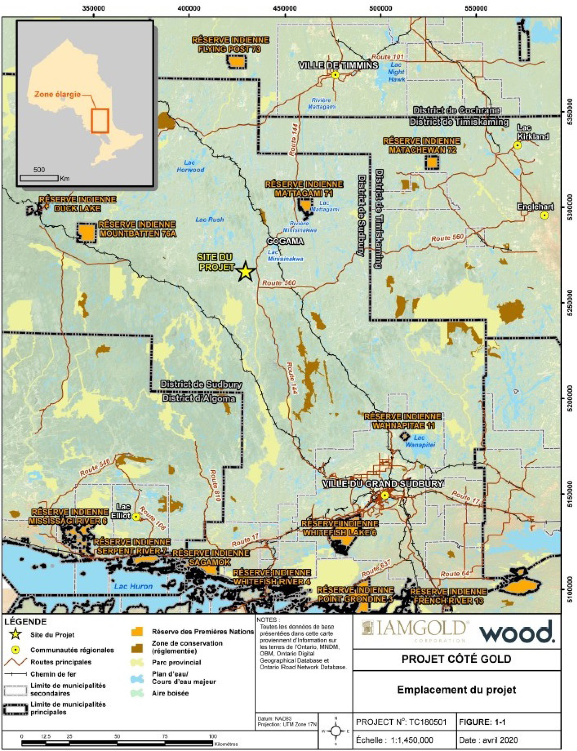 Carte à l’échelle 1/1 450 000 montrant l’emplacement général du projet minier Côté Gold en Ontario - Description ci-dessous