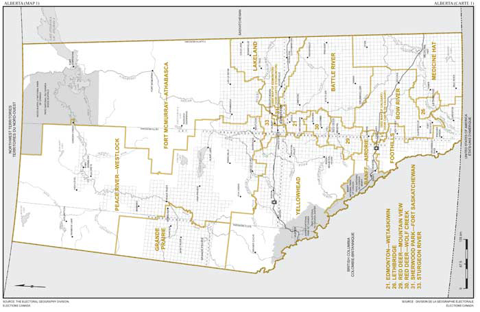 Carte 1 : Carte des limites et noms proposés pour certaines circonscriptions électorales de l’Alberta (Banff—Airdrie, Battle River, Bow River, Edmonton—Wetaskiwin, Foothills, Fort McMurray—Athabasca, Grande Prairie, Lakeland, Lethbridge, Medicine Hat, Peace River—Westlock, Sherwood Park—Fort Saskatchewan, Sturgeon River, Yellowhead).