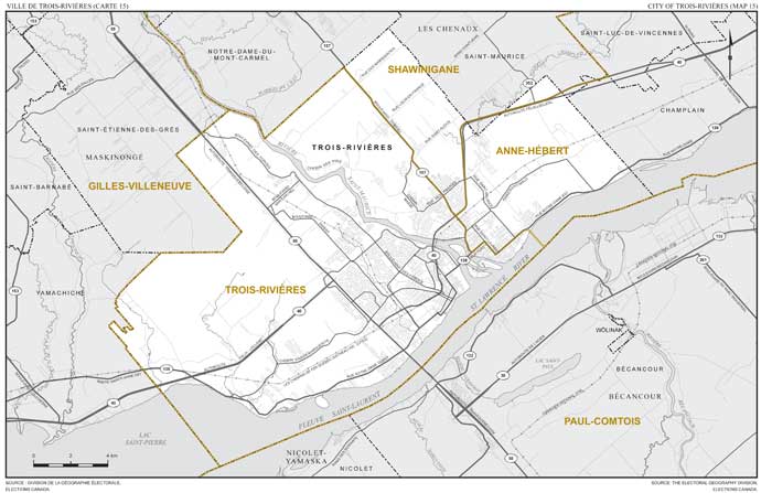 Map 15: Map of proposed boundaries and names for the electoral districts of Anne-Hébert, Shawinigane and Trois-Rivières