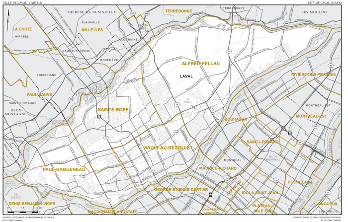 Map 8: Map of proposed boundaries and names for the electoral districts of Alfred-Pellan, Paul Ragueneau, Sainte-Rose and Sault-au-Récollet