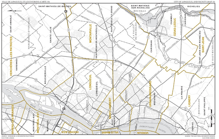 Map 10: Map of proposed boundaries and names for the electoral districts of Longueil, Montarville, Saint-Lambert, Urbain-Brossard and Verchères—Les Patriotes