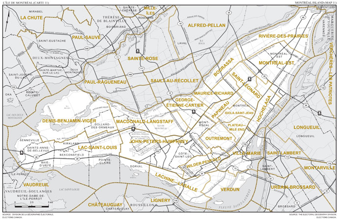 Map 11: Map of proposed boundaries and names for the electoral districts of Bourassa, Denis-Benjamin-Viger, Georges-Étienne-Cartier, Hochelaga, Idola-Saint-Jean, John-Peters-Humphrey, Lachine—Lasalle, Lac-Saint-Louis, MacDonald-Langstaff, Maurice-Richard, Montréal-Est, Outremont, Papineau, Plateau—Mile End, Rivière-des-Prairies, Saint-Léonard, Verdun, Ville-Marie and Wilder-Penfield