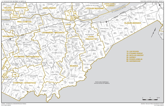 Map 4: Map of proposed boundaries and names for the electoral districts of Beauce, Elzéar-Bernier, Lotbinière—Mégantic and Richmond—Arthabaska