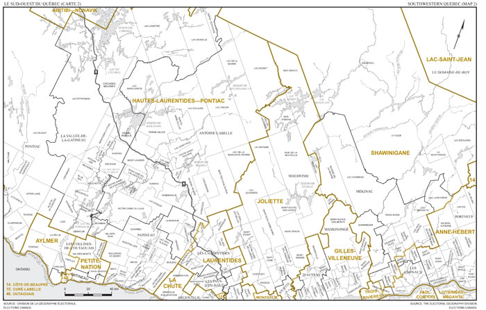 Map 2: Map of proposed boundaries and names for the electoral districts of Hautes-Laurentides—Pontiac and Joliette