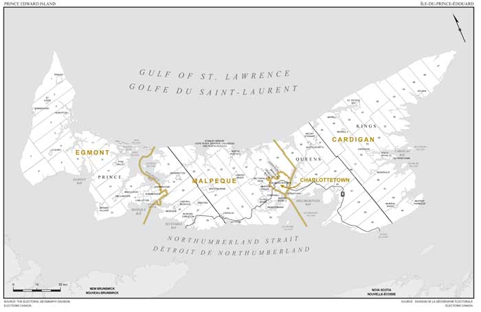 Map 1: Map of proposed boundaries and names for the electoral districts of Prince Edward Island