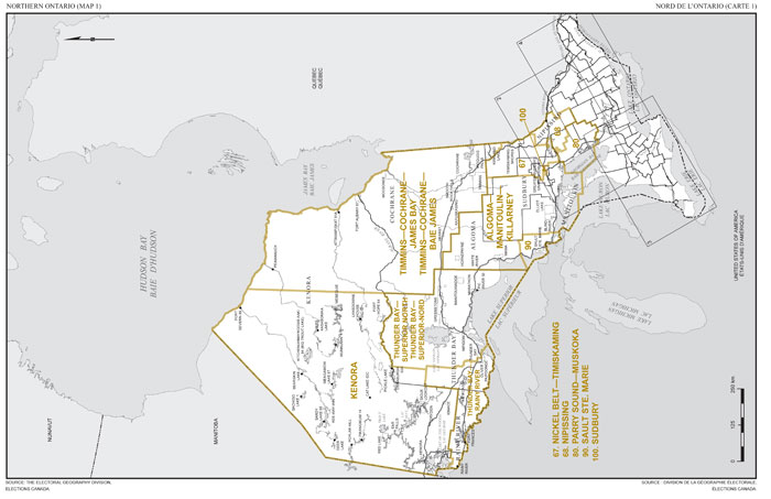Carte 1: Carte des limites et noms proposés pour les circonscriptions électorales de l’Ontario