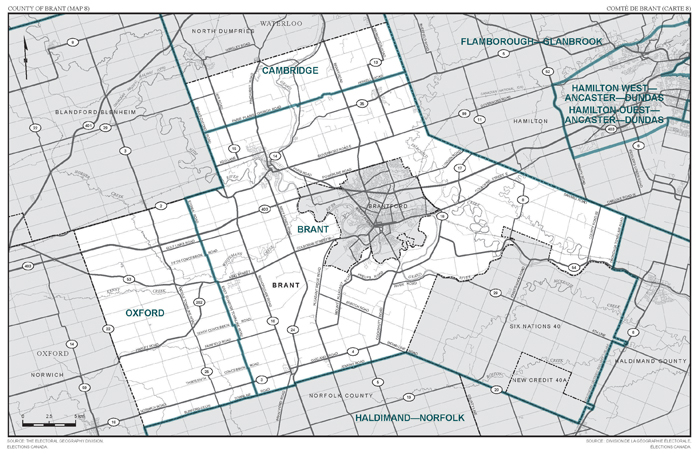Map 8: Map of proposed boundaries and names for the electoral districts of Ontario, Brant