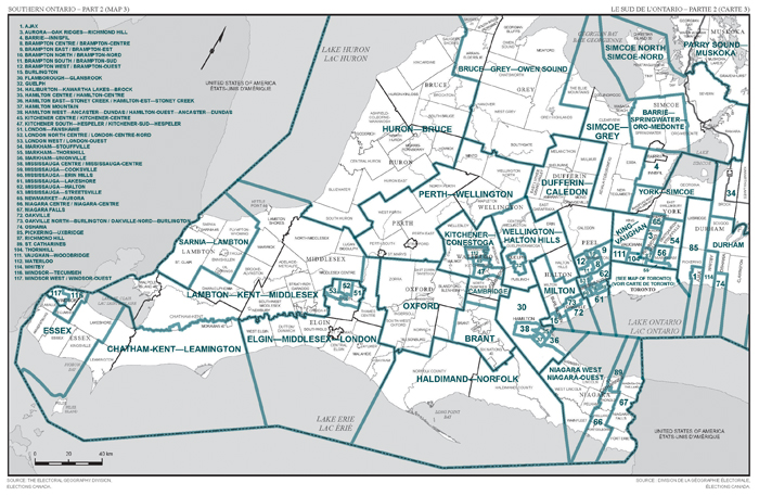Map 3: Map of proposed boundaries and names for the electoral districts of Southern Ontario, Part 2