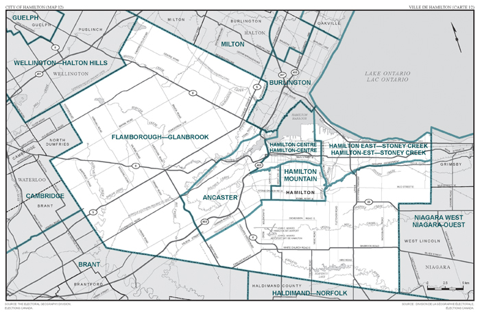 Map 12: Map of proposed boundaries and names for the electoral districts of Ontario, Hamilton