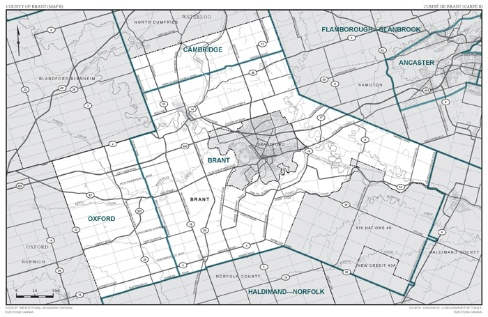 Carte 8 : Carte des limites et noms proposés pour les circonscriptions électorales de l'Ontario, Brant